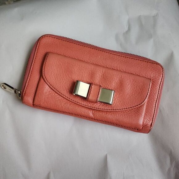 Chloe long wallet Zip Around Zippy Lilly Ribbon Bow Genuine leather Coral Pink - Picture 2 of 12